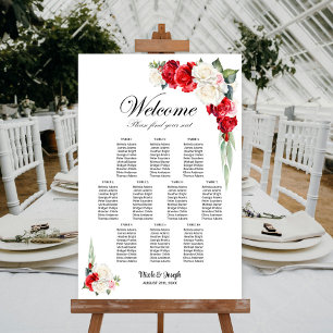 10 Table Red White Rose Floral Seating Chart