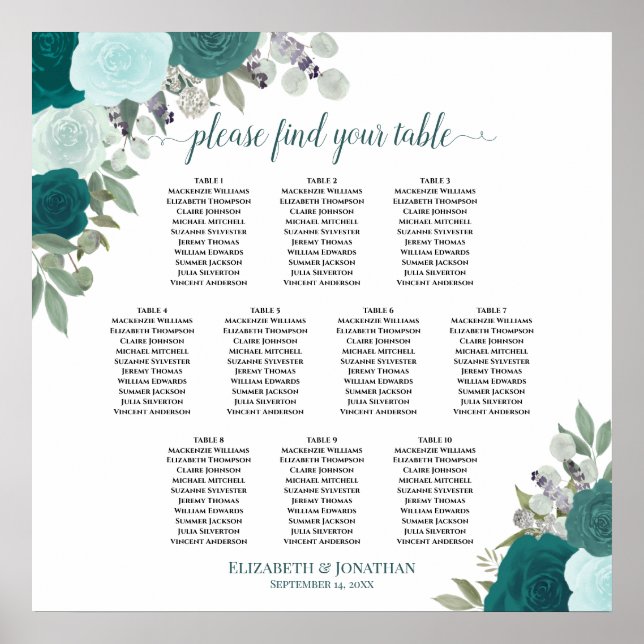 10 Table Teal Roses Elegant Wedding Seating Chart (Front)