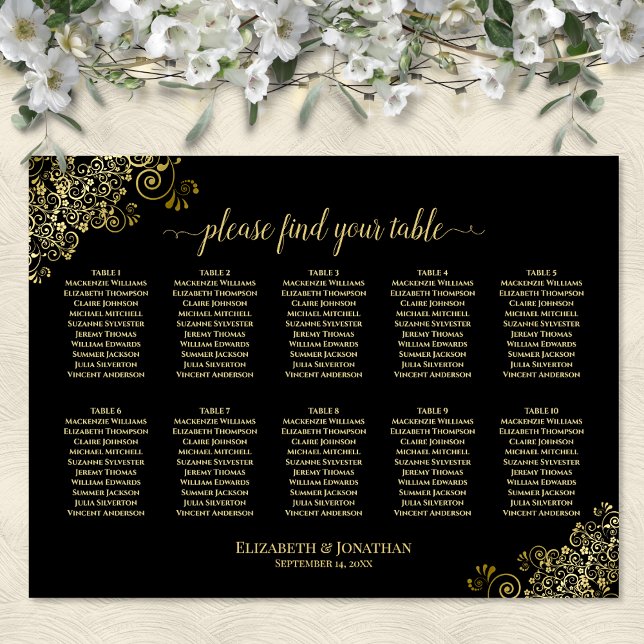10 Table Wedding Seating Chart Black & Gold Frills (In Situ on Wall with Flowers)