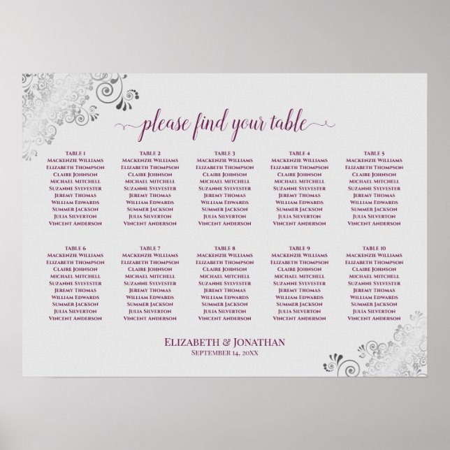 10 Table Wedding Seating Chart Cassis on Gray (Front)