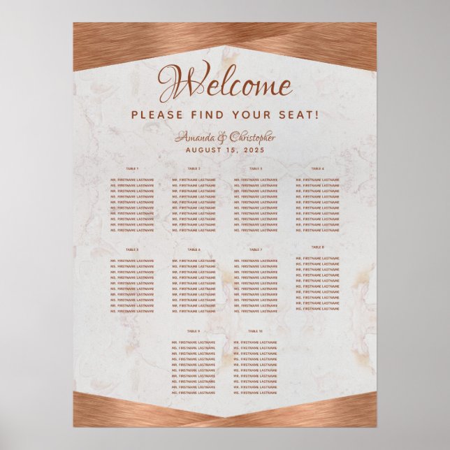 10 Table Wedding Seating Chart Faux Copper Marble (Front)