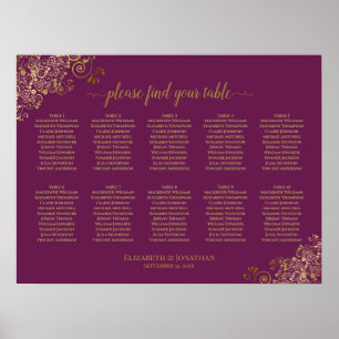 10 Table Wedding Seating Chart Magenta & Gold