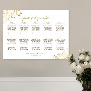 10 Table Wedding Seating Chart White & Gold Frills