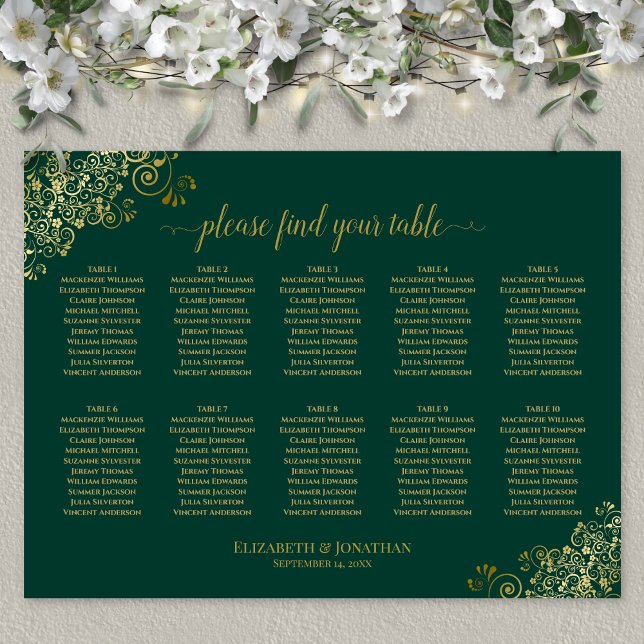 10 Tableau Mariage de siège Emerald Green Gold (In Situ on Wall with Flowers)