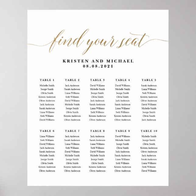 10 Tables 100 Guests Find Your Seat Seating Chart (Front)