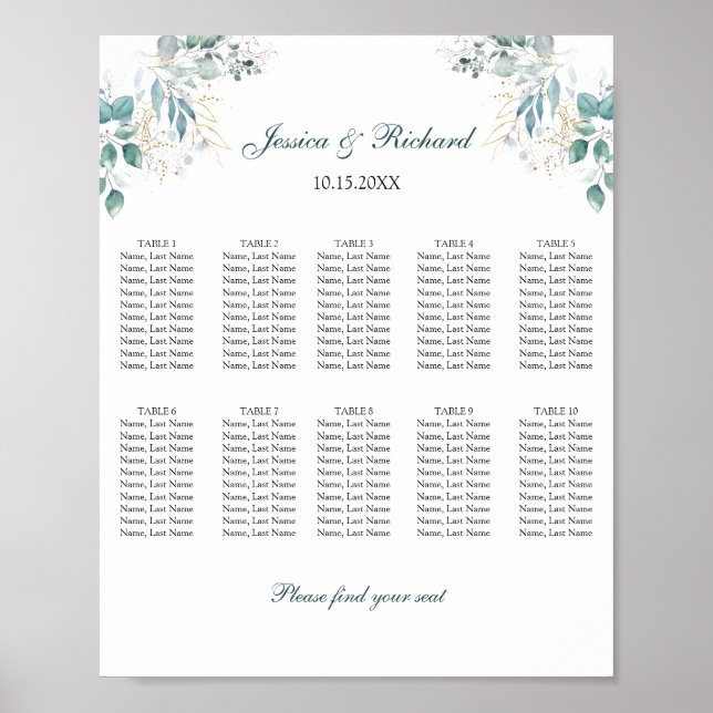 10 Tables Seating Chart Poster Sign (Front)
