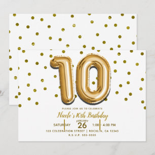 10 Ten Gold Balloon Confetti 10th Birthday Party Invitation