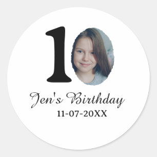 10 th birthday photo bold letter kids name date st classic round sticker