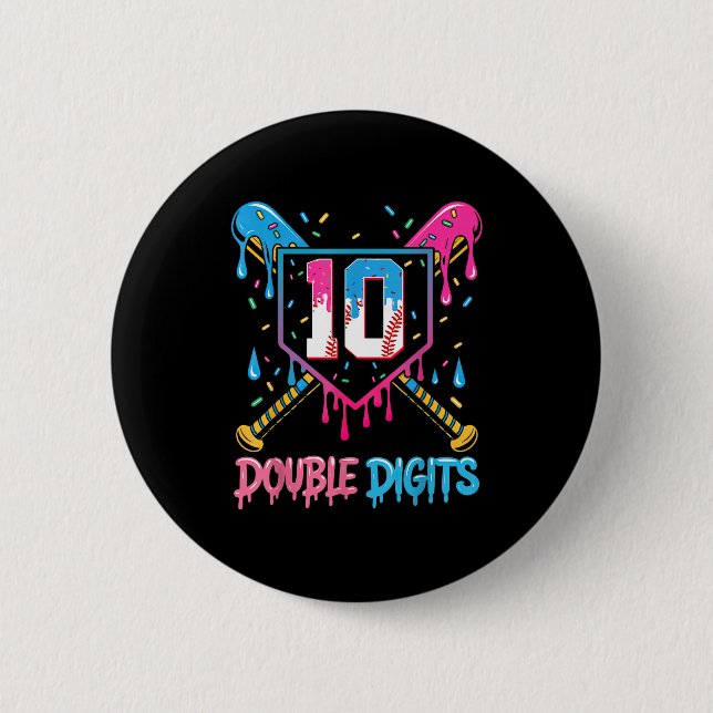 10 Year Old Baseball Drip Ice Cream 10th Bday Doub 2 Inch Round Button (Front)