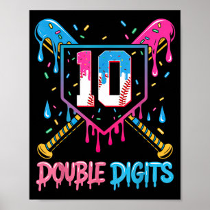 10 Year Old Baseball Drip Ice Cream 10th Bday Doub Poster