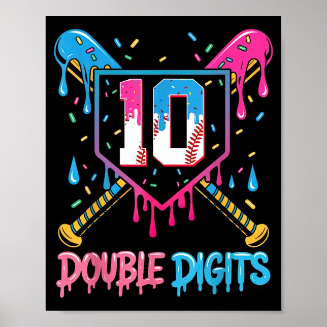 10 Year Old Baseball Drip Ice Cream 10th Bday Doub Poster (Front)