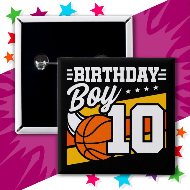 10 Year Old Basketball Party 10th Birthday Boy 2 Inch Square Button (Creator Uploaded)