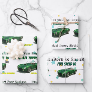 10 Year Old Birthday Party Green Racing Car Wrapping Paper Sheet