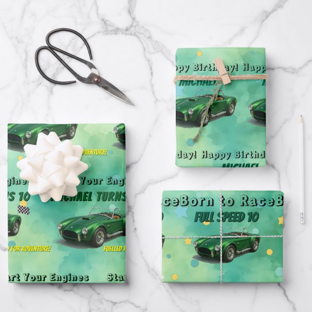 10 Year Old Birthday Party Green Racing Car Wrapping Paper Sheet (Front)