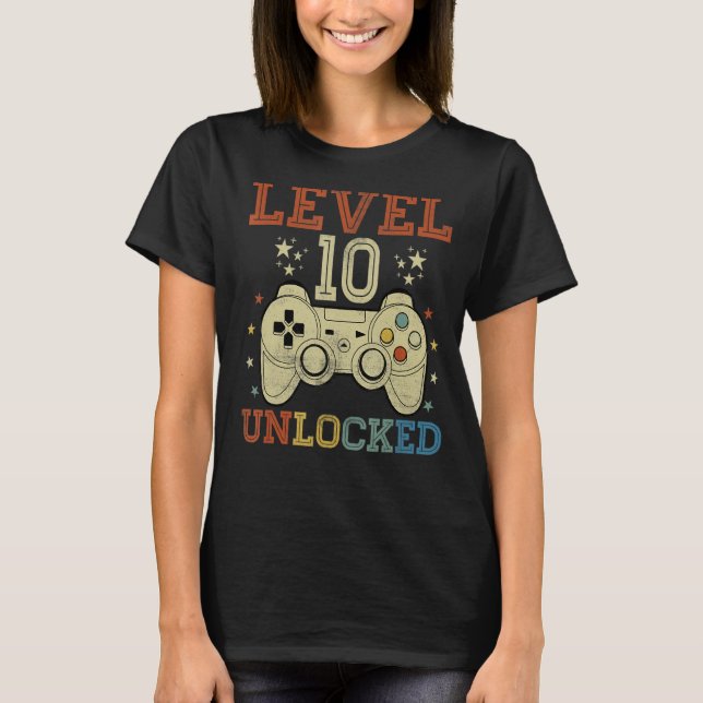 10 Year Old  Level 10 Unlocked 10th Birthday Video T-Shirt (Front)