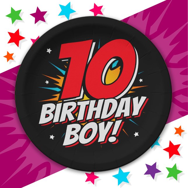 10 Year Old Superhero Birthday Boy 10th Birthday Paper Plate (Creator Uploaded)