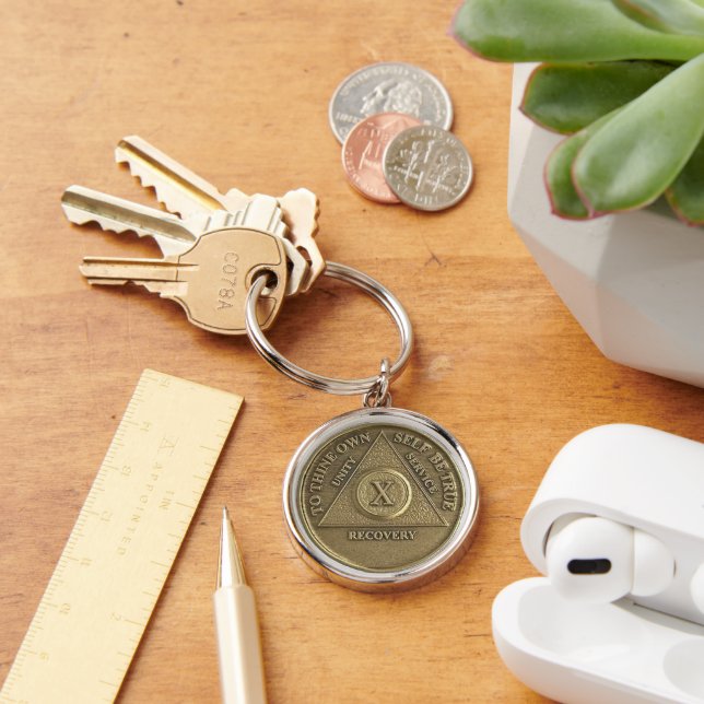 10 Year Sober Anniversary Medallion Gift Keychain (Desk)