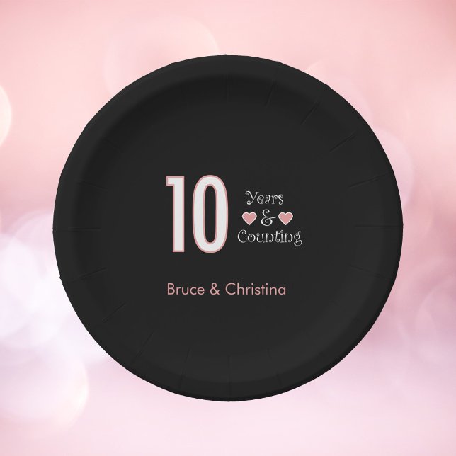 10 Years and Counting Anniversary Paper Plate (A paper plate for a 10th anniversary party that says 10 years & counting.  The names can be changed.)