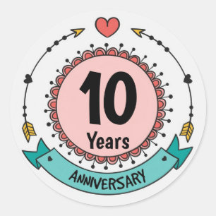10 Years Anniversary with Hearts and Arrows Classic Round Sticker