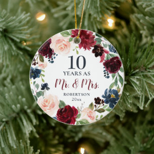 10 Years As Mr & Mrs Personalized Rustic Floral Ceramic Ornament