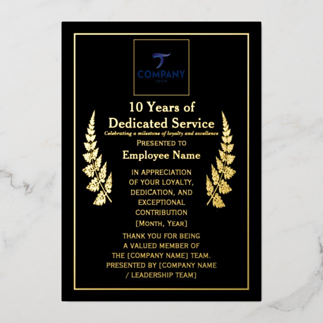 10 Years of Dedicated Service Award Custom Foil  Foil Holiday Card (Front)
