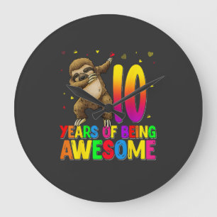 10 Years Old Birthday Sloth Dabbing 10th Birthday  Large Clock