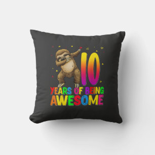 10 Years Old Birthday Sloth Dabbing 10th Birthday  Throw Pillow