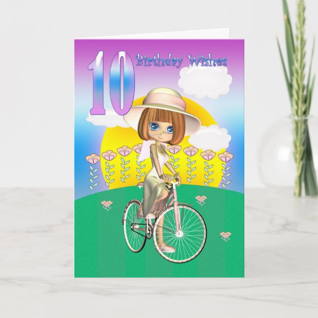 10e Anniversaire Carte avec petite fille à vélo (Devant)