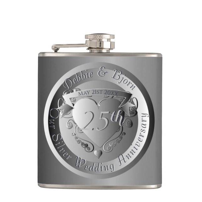 10th,20th,25th,70th Wedding Anniversary Medallion Hip Flask (Front)