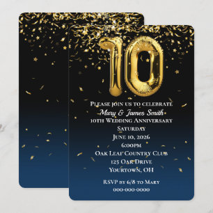 10th Anniversary Gold Balloons Confetti Invitation