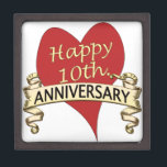 10th. Anniversary Jewelry Box<br><div class="desc">A red heart and golden ribbon to celebrate a 10th. anniversary</div>