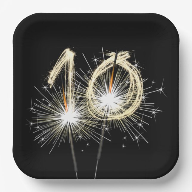 10th Anniversary Party Sparklers on Black  Paper Plate (Front)