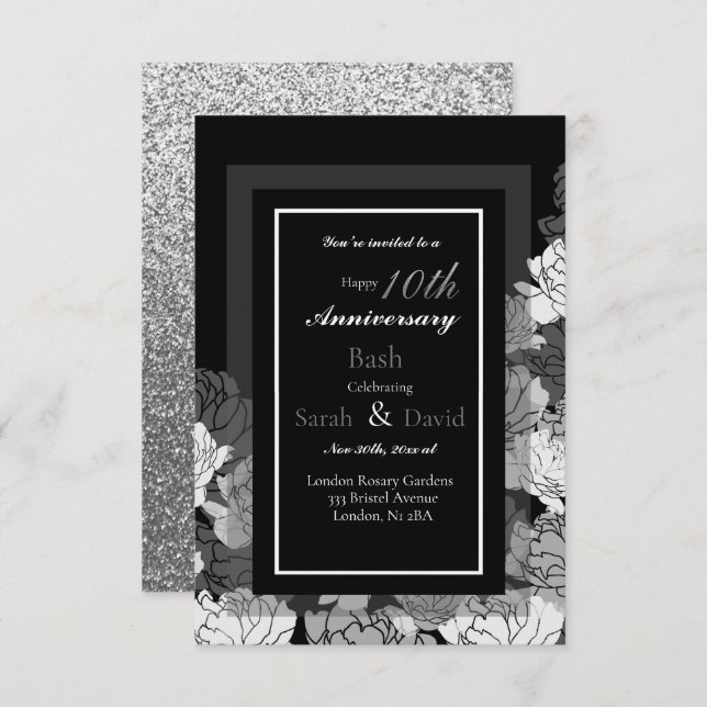10th anniversary silver, black & white rose print card (Front/Back)
