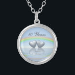 10th Anniversary Tin Hearts Silver Plated Necklace<br><div class="desc">Two tin or aluminum hearts floating on the water under a rainbow. Customizable text says "10 Years".</div>