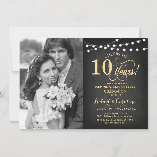 10th Anniversary with Photo - Chalkboard Gold Invitation (Front)