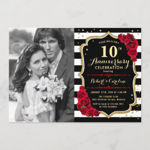 10th Anniversary with Photo - Gold Black Red Invitation