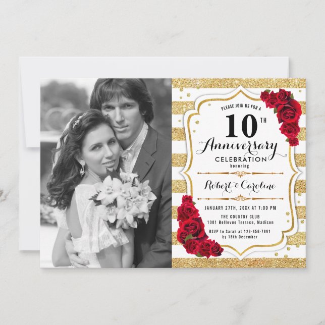 10th Anniversary with Photo - Gold White Red Invitation (Front)