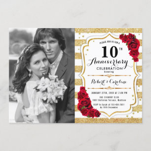 10th Anniversary with Photo - Gold White Red Invitation