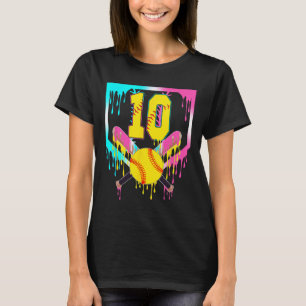 10th Bday Softll Home Plate Drip Ice Cream 10 Year T-Shirt