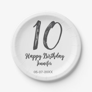 10th birthday add name date year black template go paper plate