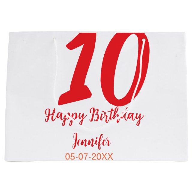 10th birthday add name date year red template  large gift bag (Front)