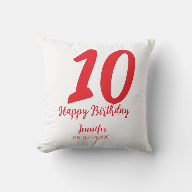 10th birthday add name date year red template  throw pillow (Front)