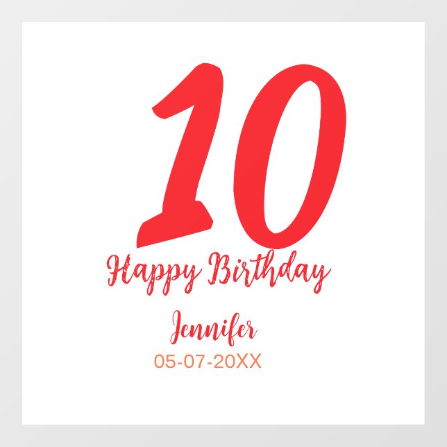 10th birthday add name date year red template  window cling (Sheet)