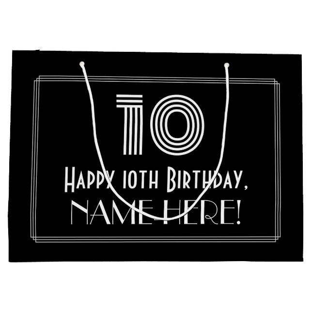 10th Birthday — Art Deco Inspired Look "10" & Name Large Gift Bag (Back)