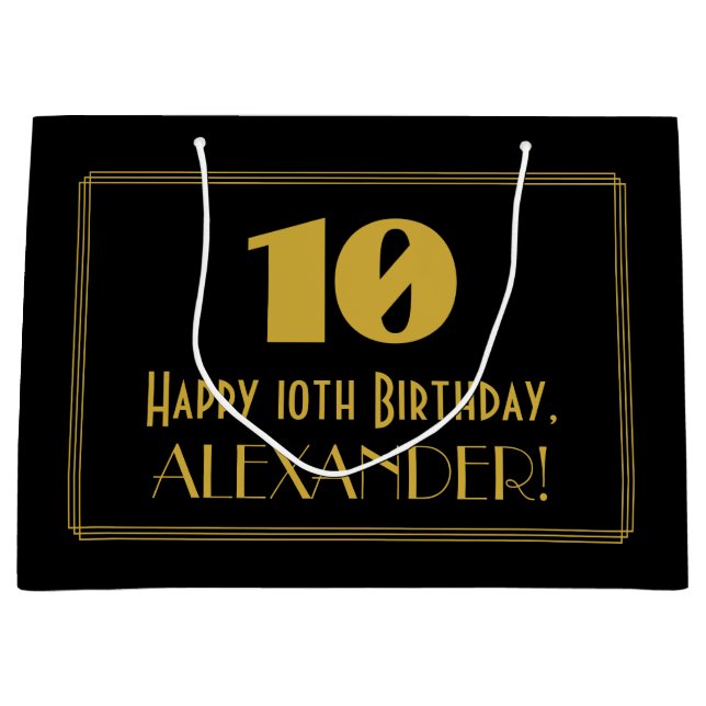 10th Birthday — Art Deco Inspired Look "10" & Name Large Gift Bag (Front)