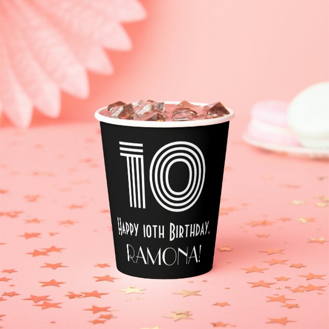 10th Birthday — Art Deco Inspired Look “10” + Name Paper Cups (Insitu)