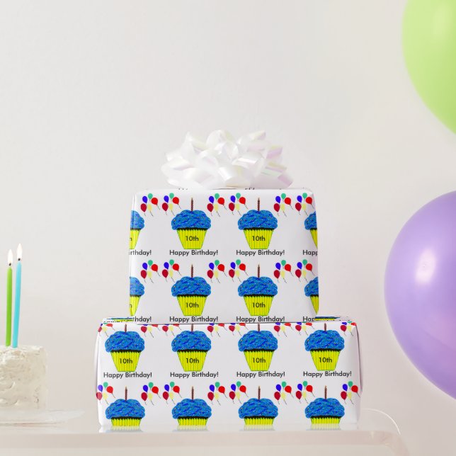 10th Birthday Blue Cupcake Balloons Customize AGE Wrapping Paper (Party Gifts)