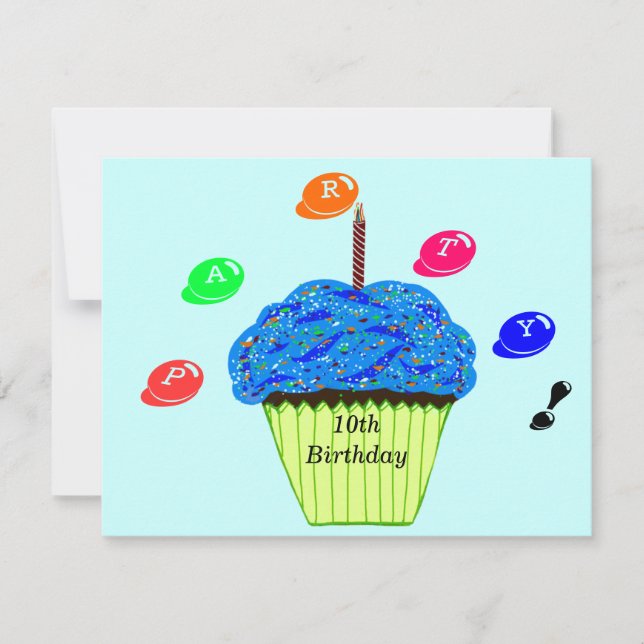 10th Birthday Blue Green Cupcakes Party Invitation (Front)