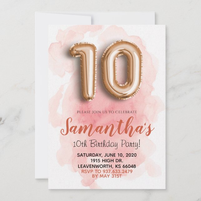 10th Birthday Blush Pink Watercolor Invitation (Front)