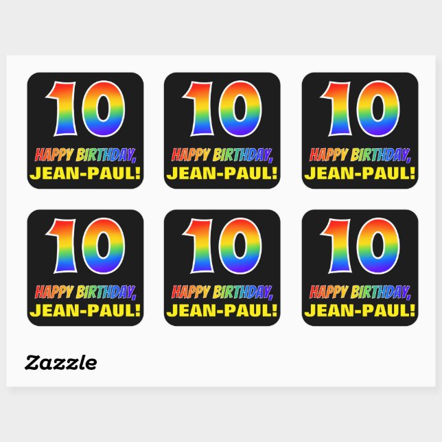 10th Birthday: Bold, Fun, Simple, Rainbow 10 Square Sticker (Sheet)